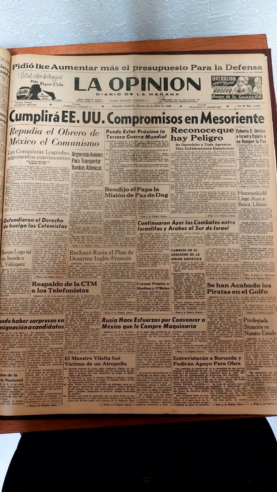 Foto de la portada de La Opinión Laguna hace 70 años.