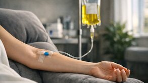 Brazo de persona canalizada recibiendo vía intravenosa sueros vitaminados