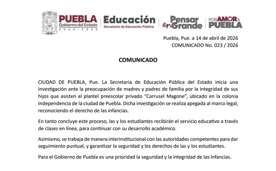 Comunicado emitido por la SEP en Puebla que habla sobre casos de maltrato infantil en una escuela primaria.