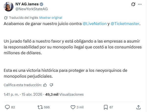 Publicación en X de Letitia James sobre la resolución del jurado sobre Ticketmaster y Live Nation