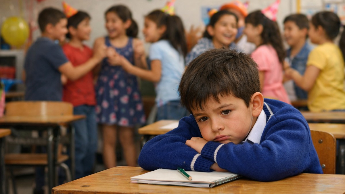 Un niño triste por no poder participar en el festejo del día de niño