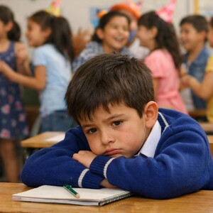 Un niño triste por no poder participar en el festejo del día de niño