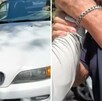 A la izquierda la vista del frente de un auto BMW color blanco. A la derecha un hombre sujetando por el brazo a otra persona