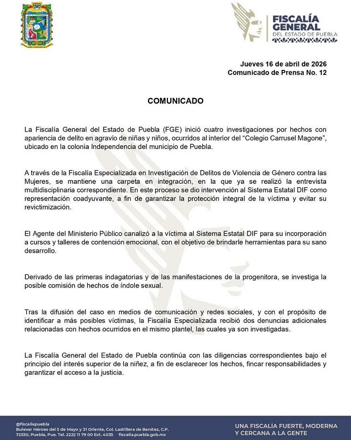 Comunicado de la Fiscalía de Puebla por presunto caso de abuso sexual en escuela Carrusel Magone.