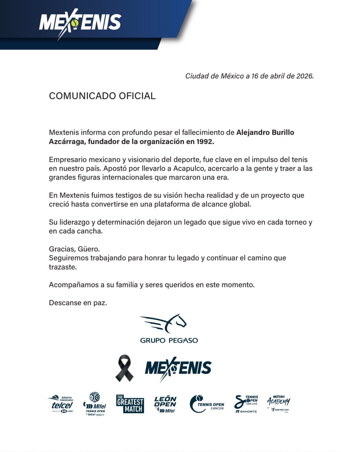 Comunicado de Mextenis por la muerte de Alejandro Burrillo Azcárraga