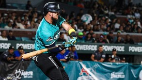 Se observa a un hombre vestido con playera verde y casco y tiene en sus manos un bat.