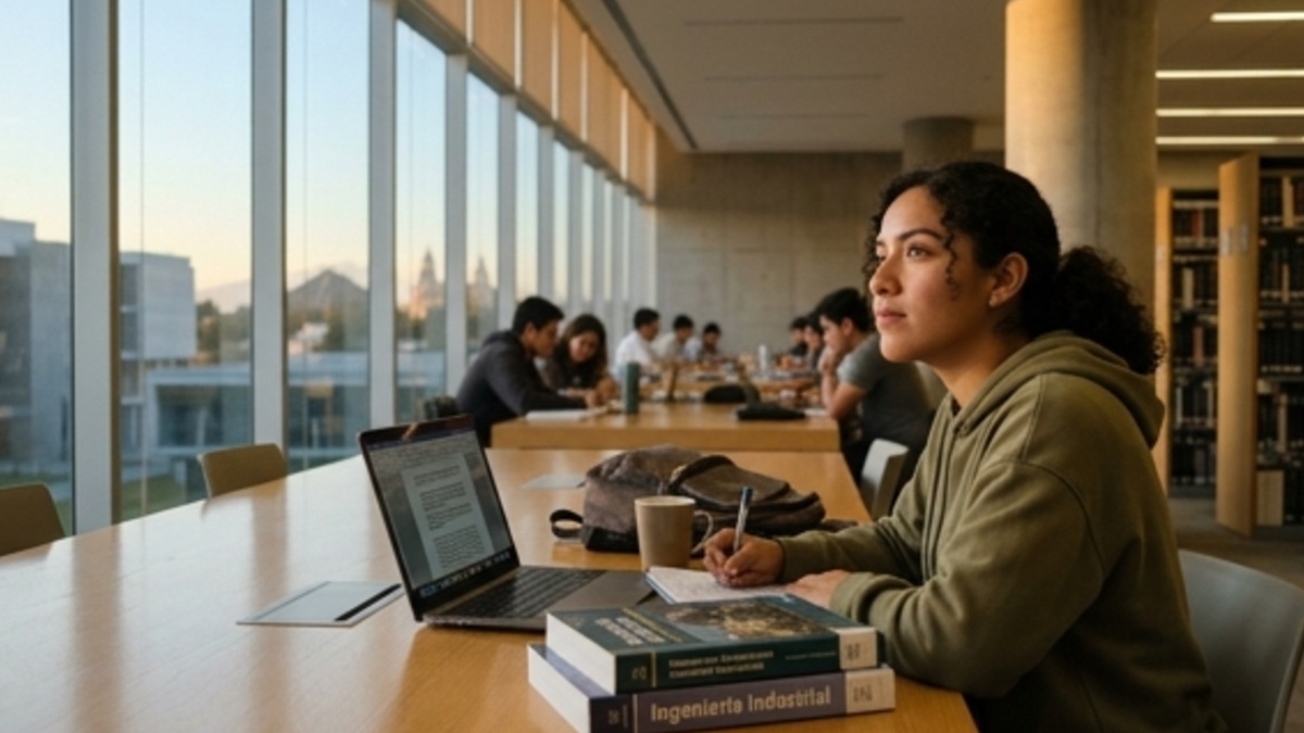Estudiante en la biblioteca de una universidad privada con instalaciones de primer nivel mirando hacia el horizonte