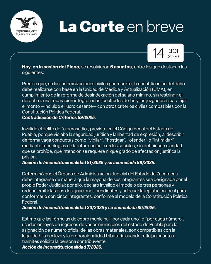 Resumen de la sesión del Pleno de la SCJN en la que declara inconstitucional la Ley de Ciberseguridad.