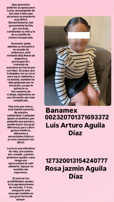 Publicación hecha a través de Facebook con la imagen de una niña con el rostro y los ojos censurados y números de cuenta de Banamex