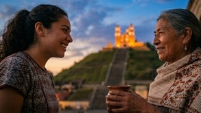 Mujer mayor demostrando la sabiduría ancestral hablando con otra cerca de la pirámide de San Pedro Cholula