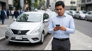 Un joven de camisa azul frente a un auto mientras observa su teléfono celular con preocupación