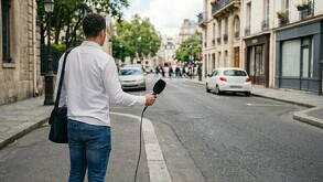 Se observa a un hombre que viste blusa blanca de manga larga, con jeans de mezclilla y trae un micrófono negro en una mano.