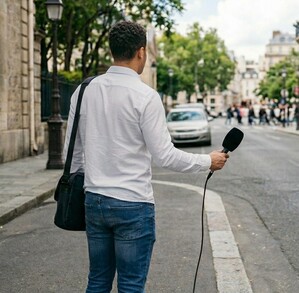 Se observa a un hombre que viste blusa blanca de manga larga, con jeans de mezclilla y trae un micrófono negro en una mano.