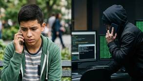 Un joven hablando por teléfono con un hombre de chamarra negra en una sala de computación