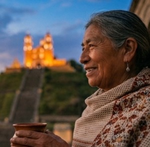 Mujer mayor demostrando la sabiduría ancestral hablando con otra cerca de la pirámide de San Pedro Cholula