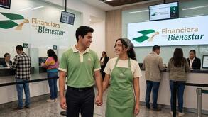 Una pareja de jóvenes con uniformes de color verde en una sucursal de Financiera para el Bienestar