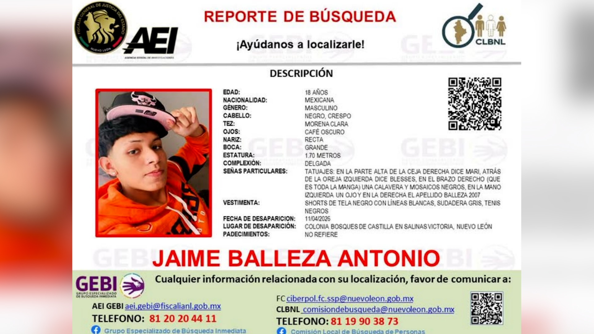 El joven de 18 años habría salido a una fiesta con su pareja y no regresó a su domicilio desde el 11 de abril.