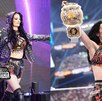 Paige levantando el campeonato en parejas de WWE tras coronarse en WrestleMania.
