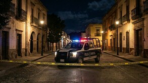 Se observa que es de noche, hay una patrulla y hay una cinta amarilla de precaución.