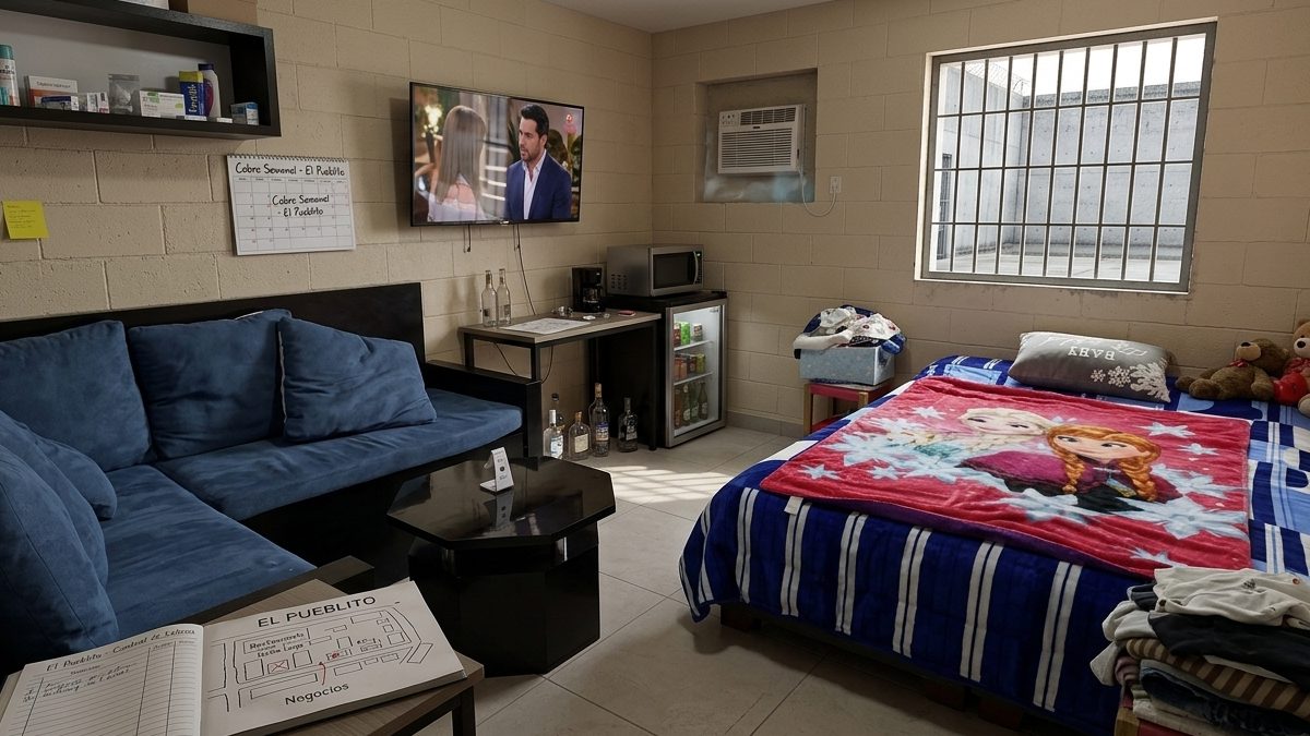 Cuarto con distintas amenidades instalado dentro de una cárcel en Puebla.