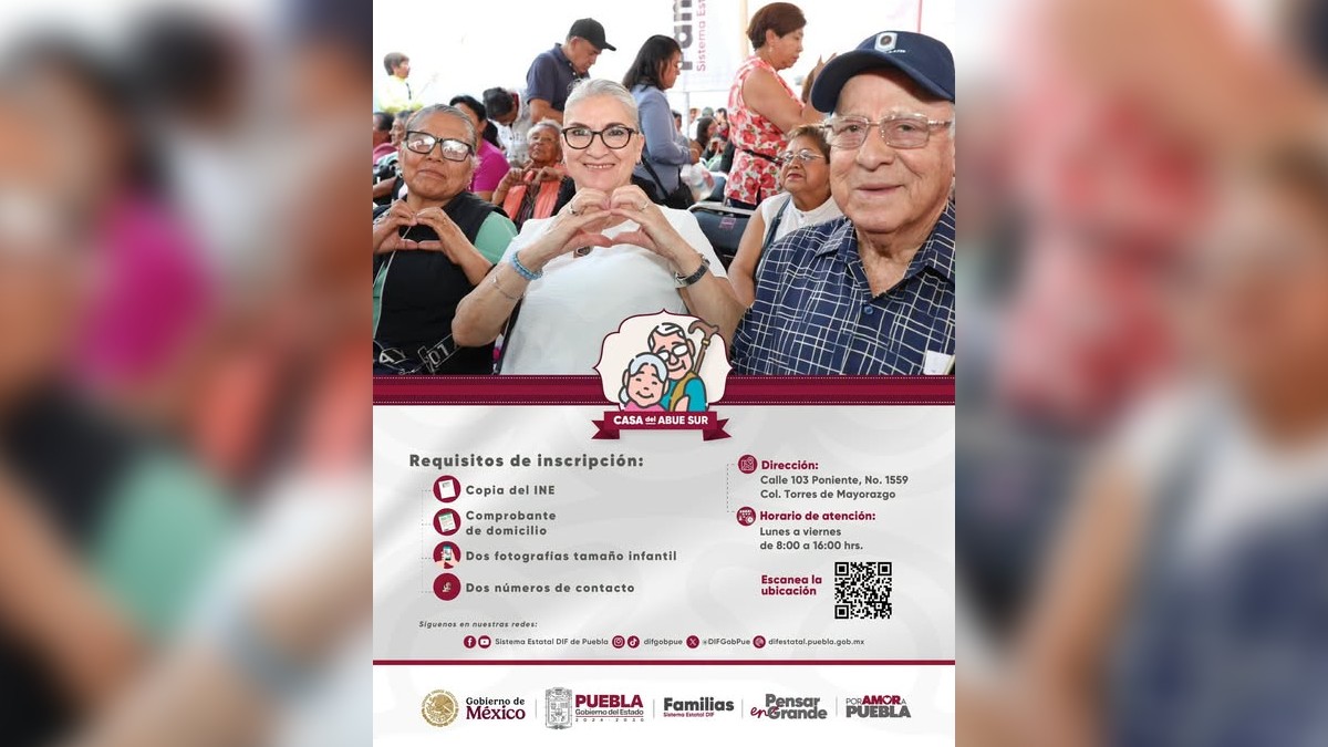 Infografía para los requisitos para afiliarse a la Casa del Abue sur de Puebla con imagen de personas mayores