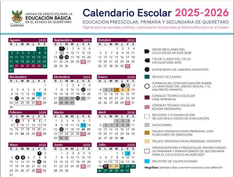 Calendario escolar de Querétaro 2025-2026
