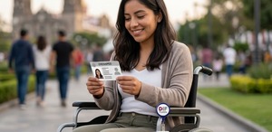 Persona discapacitada en silla de ruedas con su credencial del CRENAPED en las manos