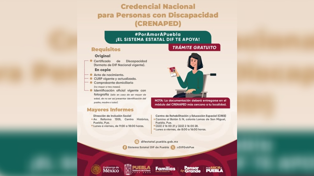 Infografía del DIF con los requisitos y procedimiento para tramitar la credencial para personas discapacitadas en Puebla