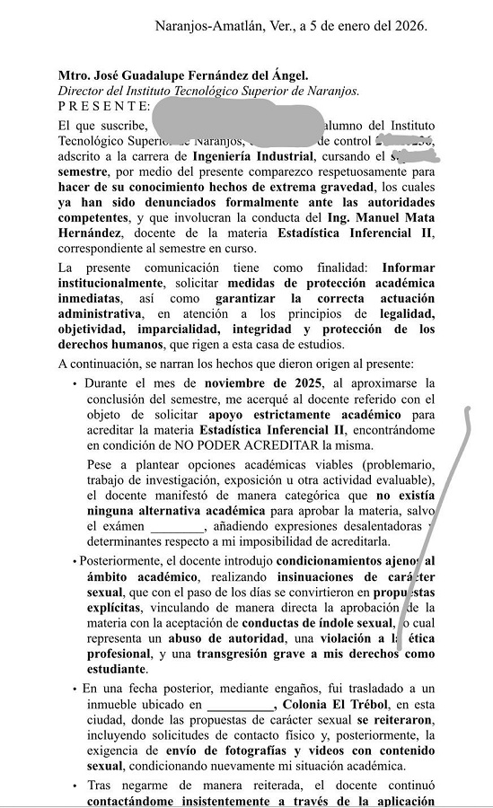 Carta de un alumno dirigida a un director donde relata acoso sexual de uno de sus profesores en Veracruz.