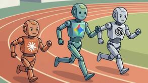 Tres robots con forma humana corriendo en una pista de atletismo, cada uno con los logos de Gemini, Chat GPT y Claude