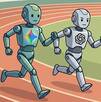 Tres robots con forma humana corriendo en una pista de atletismo, cada uno con los logos de Gemini, Chat GPT y Claude