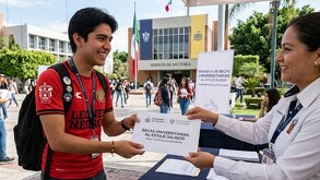 Estudiante de la Universidad de Guadalajara con playera de Leones Negros recibiendo el apoyo de Becas Universitarias al Estilo Jalisco