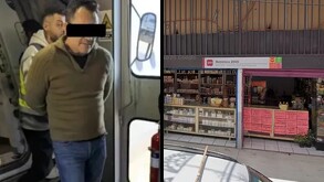 A la izquierda: una foto de Alejandro Reynoso Jiménez siendo detenido. A la derecha: foto de la fachada de la farmacia Botánica 2000 en Guadalajara