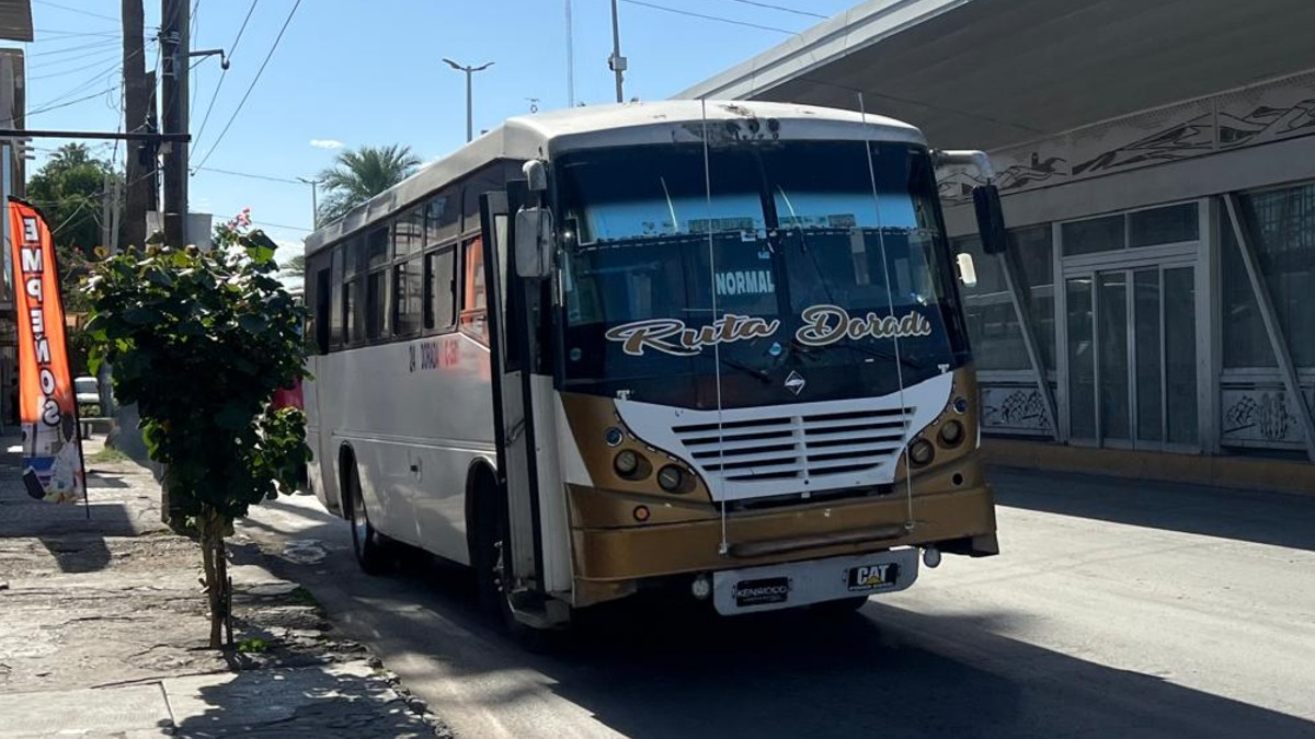 Camión de la ruta Dorada paseando por las calles del bulevar Revolución. De fondo se ve una estructura de parada del Metrobús.