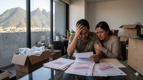 Una pareja revisa documentos sentados frente a una mesa. De fondo se observa el cerro de la silla. Ambos fueron víctimas de fraude inmobiliario en Monterrey.