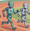 Tres robots con forma humana corriendo en una pista de atletismo, cada uno con los logos de Gemini, Chat GPT y Claude