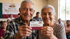 Par de adultos mayores sonriendo a la cámara mientras sostienen su tarjeta de la Pensión Bienestar.