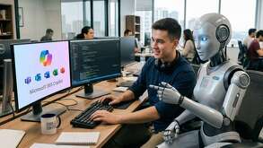 Un hombre en un oficina viendo el monitor de una computadora mientras trabajo con un robot