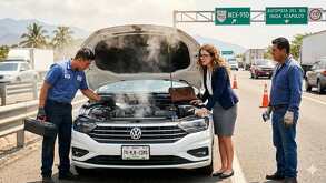 Una mujer frente a su auto liberando humo del motor a la orilla de la autopista con dos mecánicos