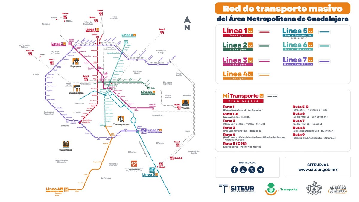 Mapa de las líneas de Mi Macro y Mi Tren de Guadalajara