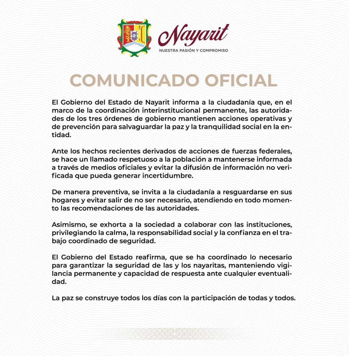 Comunicado del Gobierno de Nayarit