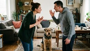 Pareja discutiendo y mascota triste