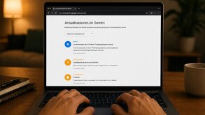 Manos sobre el teclado de una computadora, donde se puede ver la búsqueda de actualizaciones de Gemini en internet