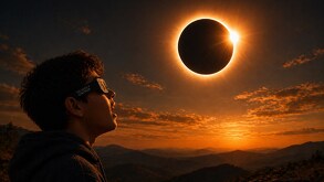 Niño que está viendo el eclipse solar 2026 con lentes de certificados para no lastimarse los ojos