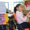 Se observa una niña desenfocada y unos libros; dentro de un salón de clases.