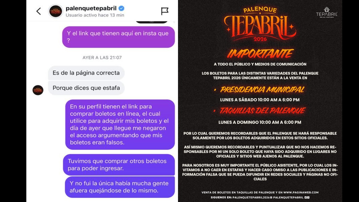 Comunicado del Palenque Tepabril y captura de pantalla de usuario que no le permitieron ingresar.