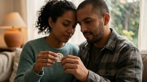 pareja en un momento íntimo y de confianza, enfocándose en la decisión responsable de usar protección