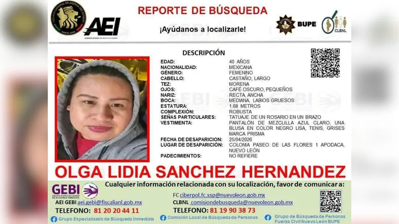 La AEI emitió una ficha de búsqueda para localizar a Olga Lidia Sánchez Hernández, de 40 años, quien desapareció el 25 de abril tras salir de su casa en la colo