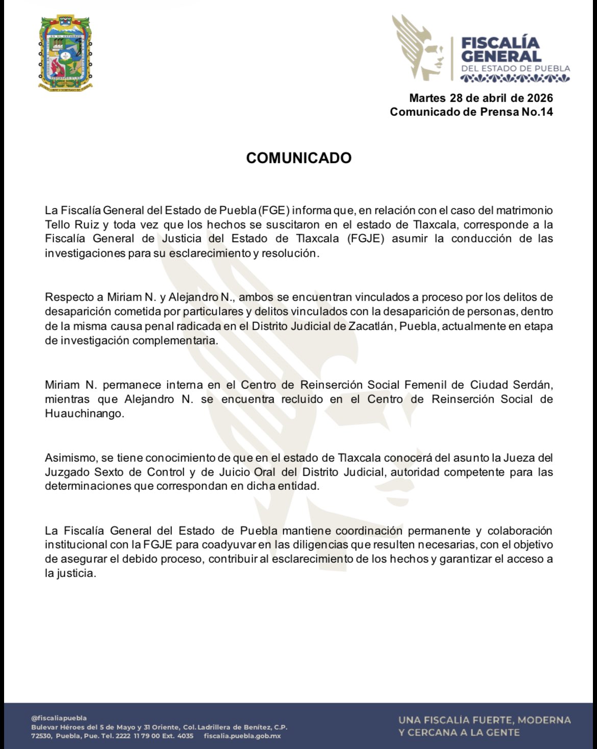 Comunicado Fiscalía de Puebla sobre el caso del matrimonio Tello Ruiz.