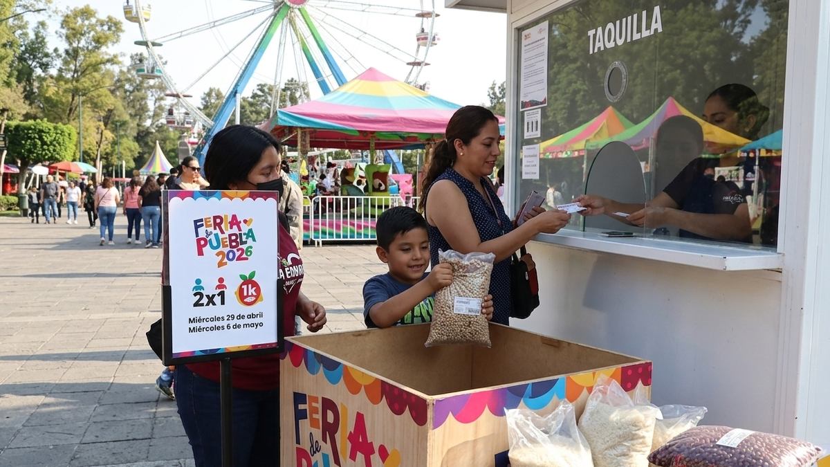 Familia dona alimento en la taquilla de la Feria de Puebla para obtener promoción de boletos 2x1